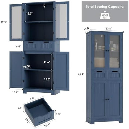 HORSTORS 67" H Bathroom Storage Cabinet, Blue Linen Cabinet with Drawers