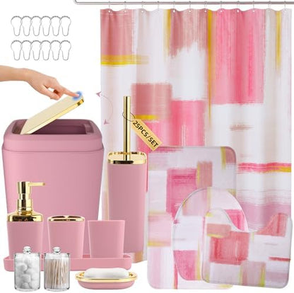 XLHOMO Bathroom Accessories Set - 25PC Bathroom Set with Shower Curtain and Rugs, Pink Bathroom Set, Bathroom Accessory Set with Press-on Lid Trash Can, Soap Dispenser and Qtip Holders