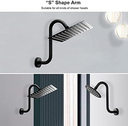 NearMoon S Shaped Shower Head Riser Arm, Shower Extender Arm with Flange, Standard 1/2" Connection- Bathroom Accessory (10 Inch, Matte Black)