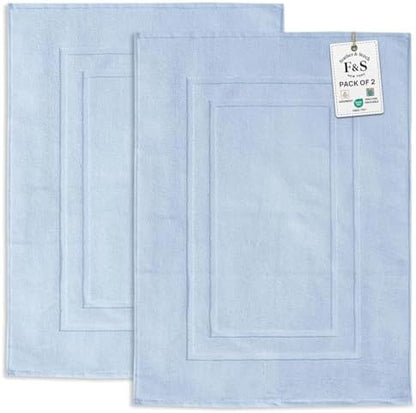 Feather & Stitch 2 Piece Towel Like Bath Mats (30x21 Inch) 100% Cotton Terry Bath Mats, Bathroom Shower Floor Mats [NOT A Bathroom Rug], Soft Absorbent Washable Mats - Sky Blue