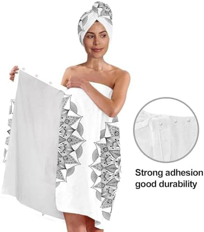 Mandala Microfiber Bath Wrap Set with Hair Towel, Mandala Floral Black and White Design, 31.5x59 inches