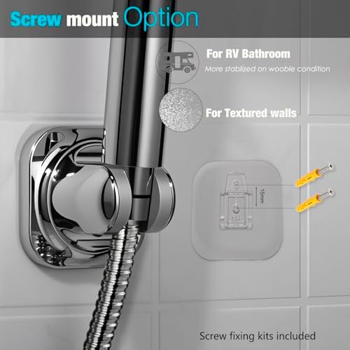 Handheld Shower Head Holder - 5 Positions Adjustable - Slide to Fit - Adhesive Mount with Screw Option, Bathroom Wall Mount Shower Hose Holder (Chrome)