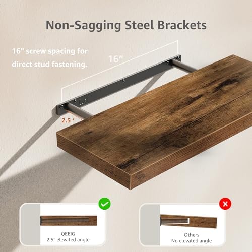 QEEIG Floating Shelves for Wall 23.6" Long - Wall Mounted Shelf Bathroom Kitchen Living Room Bedroom Farmhouse Home Decor Display Bookshelf Set of 2, Rustic Brown (008-60BN)