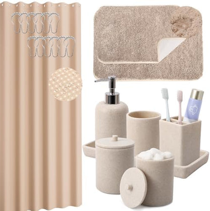 XLHOMO Beige Bathroom Accessory Set with Shower Curtain and Rugs, Resin