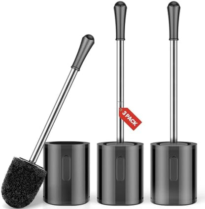 Toilet Brush and Holder, 3 Pack Compact Size Toilet Bowl Brush with Stainless Steel Handle, Small Size Plastic Holder Easy to Hide, Space Saving for Storage, Drip-Proof, Easy to Assemble Black