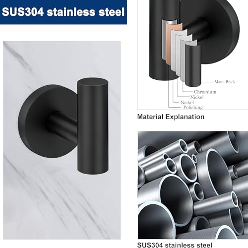 5 Pieces Bathroom Hardware Accessories Set Matte Black, 24Inch Round Towel Racks Set for Bathroom, SUS304 Stainless Steel Towel Bar Set, Toilet Paper Holder Wall Mounted