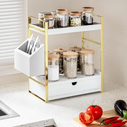 2-Tier Bathroom Counter Organizer, Wooden Vanity Shelf with Drawer & Basket
