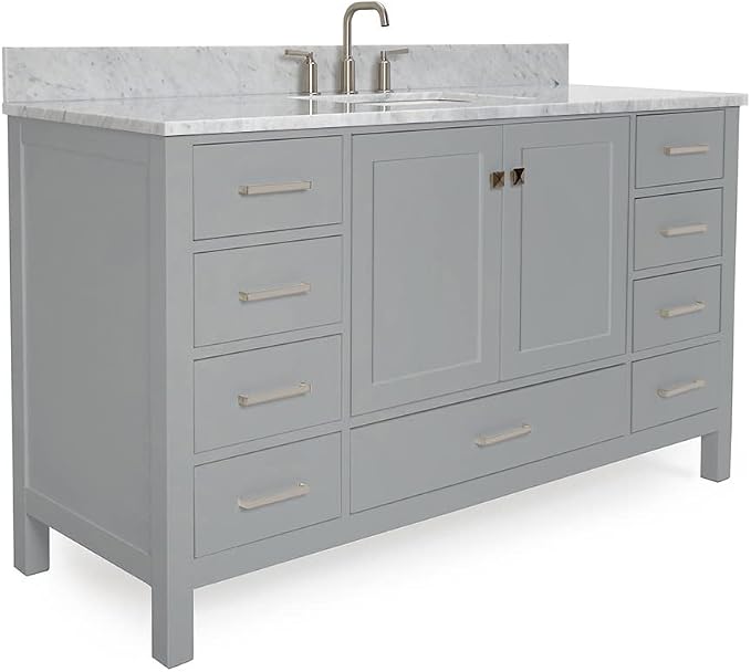 ARIEL Cambridge 60-inch Bathroom Vanity with Sink,Solid Wood, 0.75-inch Italian Carrara Marble Countertop, Single Rectangular Porcelain Sink, 2 Soft Closing Doors, 9 Dovetail Drawers, Grey
