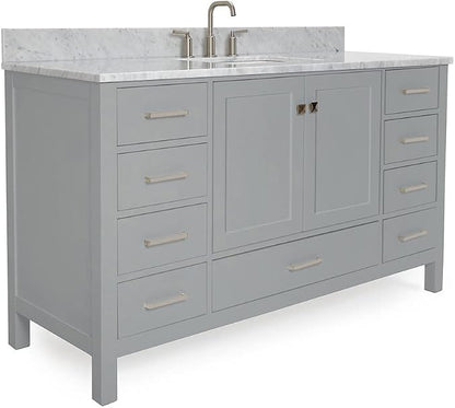 ARIEL Cambridge 60-inch Bathroom Vanity with Sink,Solid Wood, 0.75-inch Italian Carrara Marble Countertop, Single Rectangular Porcelain Sink, 2 Soft Closing Doors, 9 Dovetail Drawers, Grey