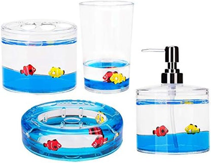 Locco Decor 4 Piece Acrylic Liquid 4D Floating Motion Bathroom Vanity Accessory Set Ocean Cartoon Animal Theme Fish Toothbrush Holder, Tumbler, Soap Dispenser, Soap Dish