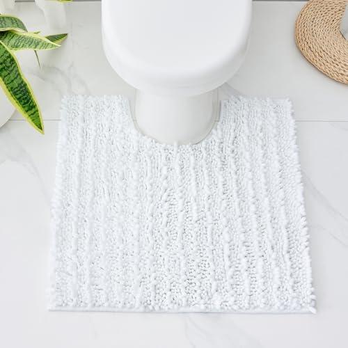 Disolla Toilet Rug 24x24 Inch - White U-Shaped Bathroom Floor Mat, Soft Shaggy Plush Absorbent Chenille Contour Rug, Non-Slip Washable Pedestal Base Rug