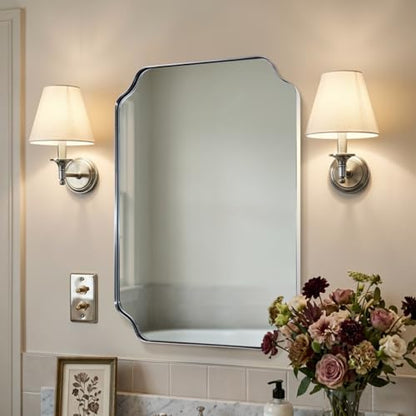 MIRRORART 20 x 28 Scalloped Chrome Mirror for Bathroom, Polished Silver Rectangle Wall Mirror Rounded Notched Corner, Rustproof Metal Frame Vanity Mirror for Bathroom Remodel, Vertical/Horizontal