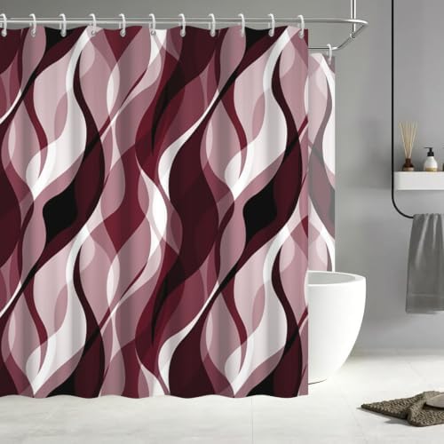Burgundy Striped Clawfoot Tub Shower Curtain 180x70 inch 30 Hooks