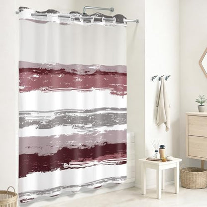 No Hook Shower Curtain with Liner, Red Stripe, 71x74 Inch