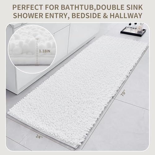 Bathroom Rugs Non Slip Washable 70x24, Extra Thick Soft Chenille Absorbent Bath Mat, High Density Barrier Non Slip Backing, Quick Dry Plush Shaggy Floor Carpet for Tub&Shower, White