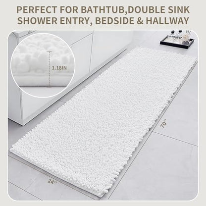 Bathroom Rugs Non Slip Washable 70x24, Extra Thick Soft Chenille Absorbent Bath Mat, High Density Barrier Non Slip Backing, Quick Dry Plush Shaggy Floor Carpet for Tub&Shower, White