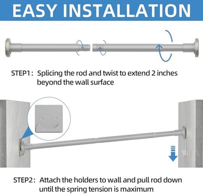 CorkLatta Matte Silver Shower Curtain Rod,1 Inch Diameter Stainless Steel Adjustable Spring Tension Rods 32 to 80",with Holders,Anti-Slip,Curtain Rods No Drilling(1 Pack)