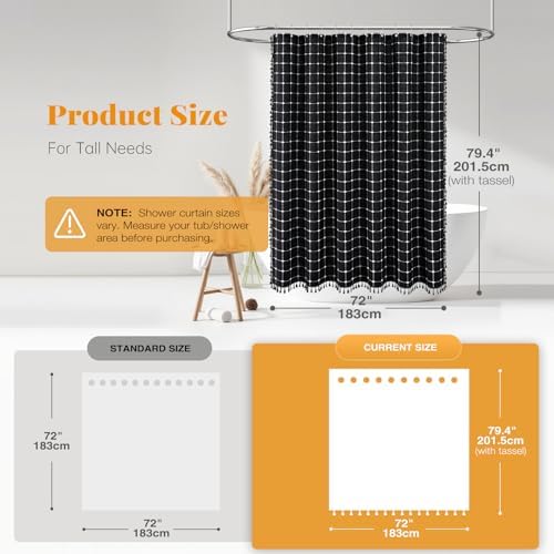 BTTN 72x78 Boho Farmhouse Linen Fabric Shower Curtain Set, Black and White