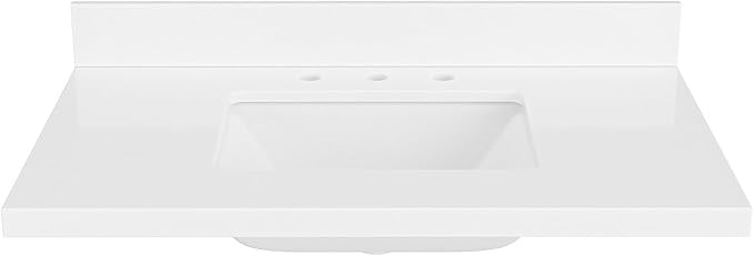 ARIEL 36 inch Bathroom Vanity top with Sink, 1.5 Inch Thick Miter Edge White Quartz top, Rectangle Single Porcelain Sink, Includes Backsplash