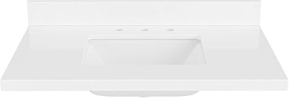 ARIEL 36 inch Bathroom Vanity top with Sink, 1.5 Inch Thick Miter Edge White Quartz top, Rectangle Single Porcelain Sink, Includes Backsplash