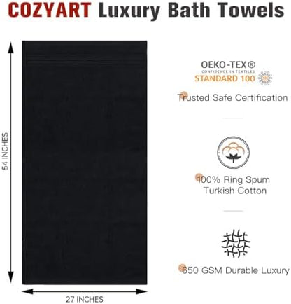COZYART Luxury Bath Towels 4 PCS, 27x54 650 GSM Turkish Cotton, Black