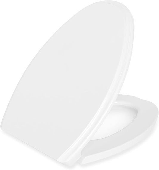 Premium Heavy-Duty Elongated (Oval) Toilet Seat (Oblong 18.5″), Soft Close & Silent, Metal Hinges, Quick-Attach Installation, Durable, Easy-Clean, White