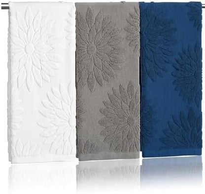 Tiamon 3 Pcs Bathroom Towel Decorative Set 100% Cotton Fluffy Bath Hand Towels for Guest Gifts Farmhouse Kitchen Hand Towels Home(White, Gray, Blue,30 x 13 Inch,Floral)
