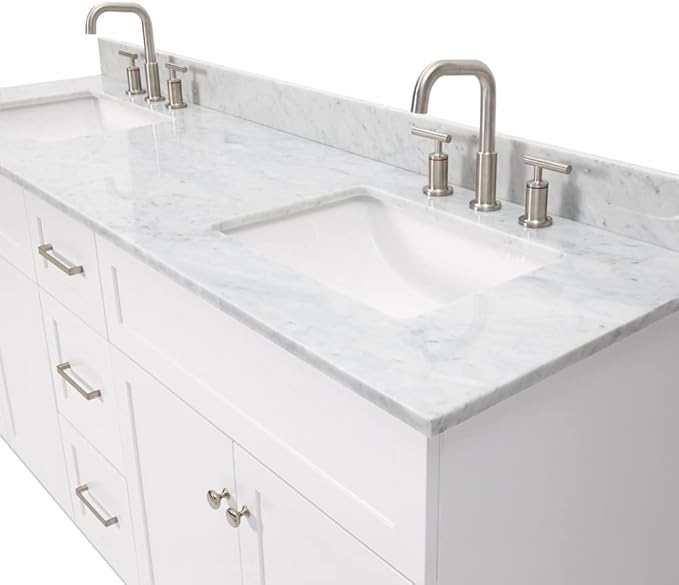 ARIEL Hamlet 72-inch Bathroom Vanity with Sink,Solid Wood, 0.75-inch Italian Carrara Marble Countertop & Backsplash, Double Oval Sink, 4 Soft Closing Doors, 3 Dovetail Drawers, White