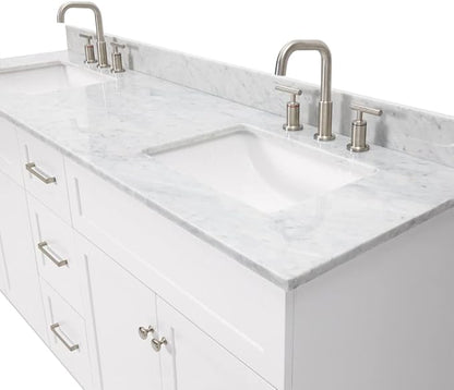 ARIEL Hamlet 72-inch Bathroom Vanity with Sink,Solid Wood, 0.75-inch Italian Carrara Marble Countertop & Backsplash, Double Oval Sink, 4 Soft Closing Doors, 3 Dovetail Drawers, White