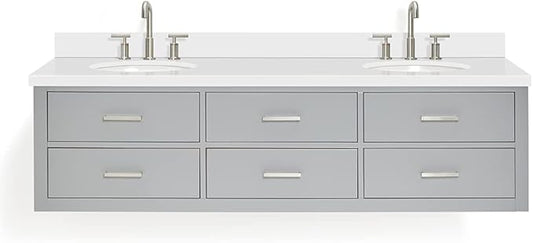 ARIEL Hutton 73 in. Double Oval Sink Floating Wall Vanity with 1.5" Inch White Quartz Countertop in Grey