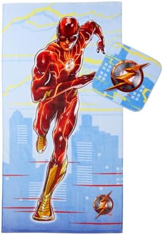 The Flash Kids Bath/Pool/Beach Soft Absorbent Cotton Terry Towel with Washcloth 2 Piece Set, 50 in x 25 in, (Officially Licensed Product) by Franco