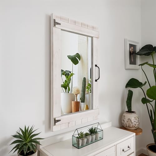 Oakrain Farmhouse Mirror, 24x32 Inch Distressed White Wood Frame with Black Metal Hinges, Rustic Wall Mirror for Bathroom, Living Room, Entryway, Bedroom