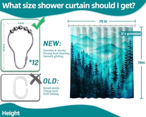 Dark Teal Forest Extra Long Shower Curtain, Tall 72X78 in, Mountain