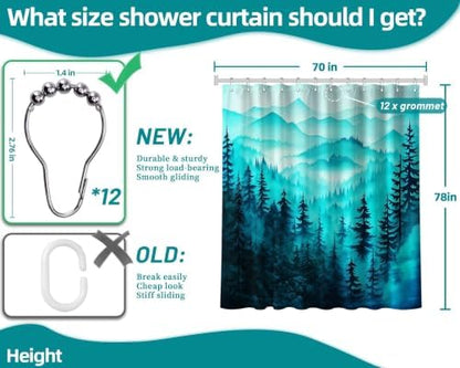 Dark Teal Forest Extra Long Shower Curtain, Tall 72X78 in, Mountain