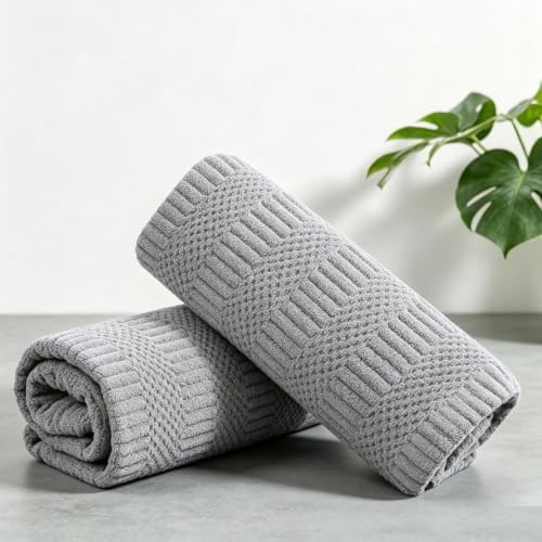 2 Piece Gray Geometric Hand Towel Set 16"x31" Soft Highly Absorbent Quick Dry Bathroom Towels Microfiber Plush Towels Set Woven Towels for Kitchen Hotel Spa Gym