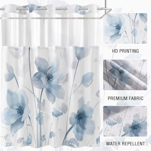 No Hook Shower Curtain and Liner Set, Blue Boho Floral 71x84