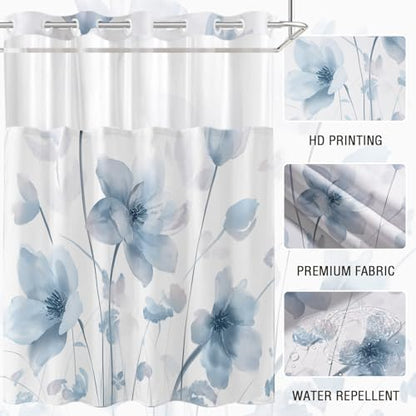 No Hook Shower Curtain and Liner Set, Blue Boho Floral 71x84