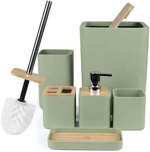 CERBIOR Bamboo Bathroom Accessories Set 6 Piece Square Spiral Set,Green