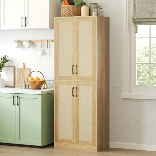 JASIWAY Rattan Pantry Cabinet, 67" Tall Kitchen Storage Cabinet with Doors