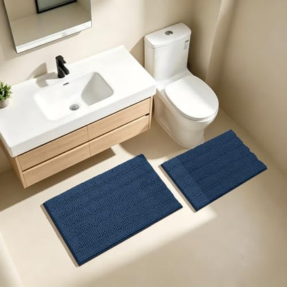 Bcoimo Bath Rug Mat Sets, 2 Piece High Absorbent Chenille Bathroom Mat Navy