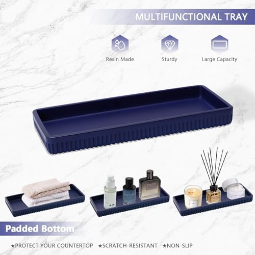 XLHOMO Resin Navy Blue Bathroom Accessories Set 5 Pcs, Lotion Soap Dispenser, Toothbrush Holder, Bathroom Tumbler, Qtip Holder and Vanity Tray, Bathroom Countertop Organizer Set for Modern Apartment
