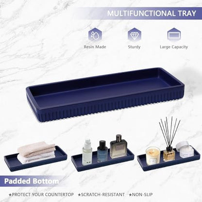 XLHOMO Resin Navy Blue Bathroom Accessories Set 5 Pcs, Lotion Soap Dispenser, Toothbrush Holder, Bathroom Tumbler, Qtip Holder and Vanity Tray, Bathroom Countertop Organizer Set for Modern Apartment