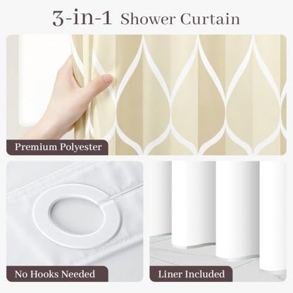 Yiatn Ivory No Hook Shower Curtain with Snap-in Liner, 71 x 74 Inch