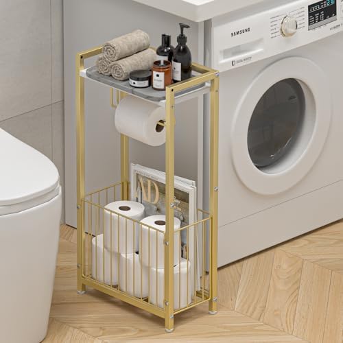 Freestanding Toilet Paper Holder with Storage Shelf, Gold