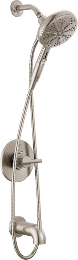 Delta Nicoli 14 Series Brushed Nickel Bathtub Shower Faucet Set with Handheld Shower Head, Valve Trim Kit, Stainless 144749-SS-HS (Valve Included)