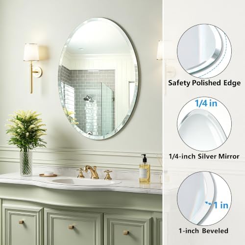 24 x 36 Inch Oval Frameless Bathroom Mirror, Beveled Polished Wall Mirror, Modern Decorative Mirror for Bathroom Vanity Bedroom Entryway