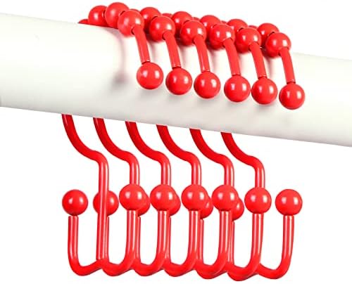 Shower Curtain Hooks,304 Stainless Steel Shower Rings for Bathroom,Double Glide Shower Hooks for Bathroom Shower Curtain Rods Curtains,Set of 12 Hooks,Red（Shower Curtain Hooks Style A ）