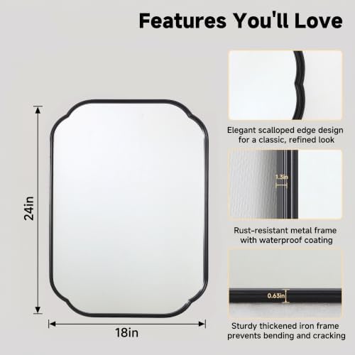 24"x18" Black Scalloped Mirror for Bathroom, Rust-Proof Metal Frame