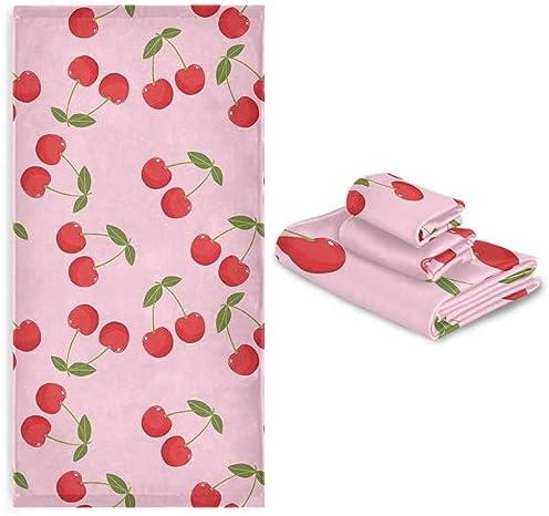 Naanle Soft 1 Bath Towel+1 Hand Towel+1 Washcloth, Cute Cherry Sweet Pattern 3 Towels Set Decor for Home,Bathroom, Hotel, Gym, Spa and Beach