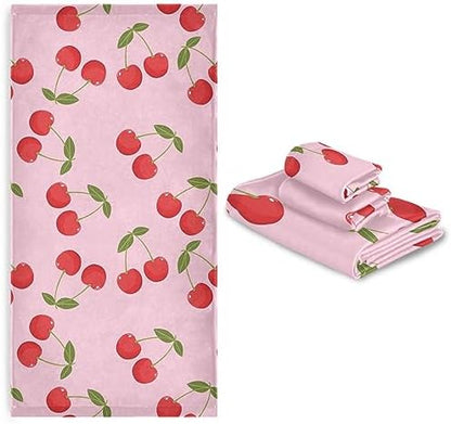 Naanle Soft 1 Bath Towel+1 Hand Towel+1 Washcloth, Cute Cherry Sweet Pattern 3 Towels Set Decor for Home,Bathroom, Hotel, Gym, Spa and Beach